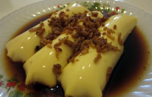 Sam made a delicious meal at home one night. I enjoyed this soft tofu with soy sauce and dried shrimp.